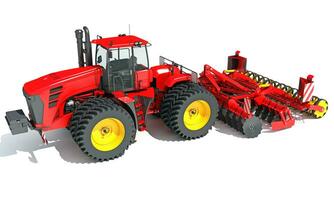 Traktor mit Samen bohren Bauernhof Ausrüstung Rabatt Egge 3d Rendern auf Weiß Hintergrund foto