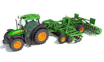 Traktor mit Samen bohren Bauernhof Ausrüstung Rabatt Egge 3d Rendern auf Weiß Hintergrund foto
