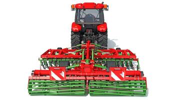 Traktor mit Samen bohren Bauernhof Ausrüstung Rabatt Egge 3d Rendern auf Weiß Hintergrund foto