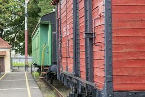 Schuss von das Jahrgang alt Ladung Zug. Transport foto