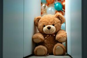 ai generiert Kindheit Freude süß Teddy Bär versteckt sich hinter Weiß hölzern Tür foto