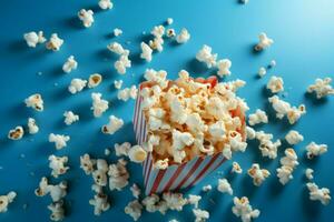 ai generiert Popcorn Party ein spielerisch Anzeige gegen ein auffällig Blau Hintergrund foto