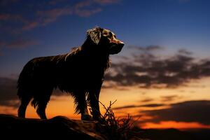 ai generiert Sonnenuntergang Hintergrund Farben ein heiter Silhouette von ein treu Hund foto