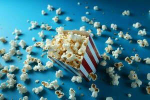 ai generiert Blau Ambiente Popcorn Kernel erstellen ein auffällig Szene auf Blau foto