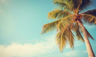 ai generiert tropisch Landschaft mit ein prominent Palme Baum unter ein riesig Blau Weite. ai generativ. foto