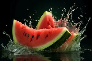 ai generiert erfrischend platzen Wassermelone geschmückt mit ein belebend Spritzen von Wasser foto