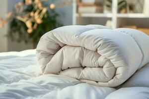 ai generiert Weiß Komfort elegant Kissen und Decke, luxuriös Nieder Tröster auf Bett foto