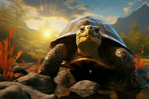 ai generiert irdisch Majestät ein Schildkröten heiter Gegenwart gefangen auf das Boden foto