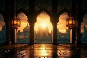 ai generiert glühen von eid mit Laterne, Moschee, und Fenster im Schöne Grüße foto
