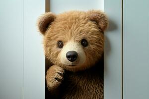 ai generiert Teddys Possen braun Bär spielerisch versteckt sich hinter ein Weiß Tür foto