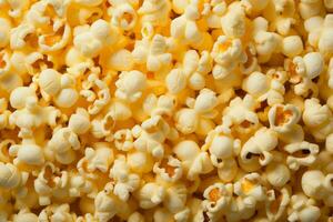 ai generiert spielerisch Popcorn Anzeige ein Hintergrund Vitrinen das knackig Freude von knallte Kernel foto