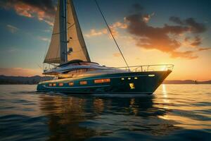 ai generiert Sonnenuntergang Kreuzfahrt ein Luxus Yacht gleitet, ausströmend Opulenz gegen das Dämmerung Segeltuch foto