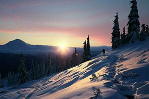 ai generiert Sonnenuntergang Schneelandschaft Winter Landschaft geschmückt mit das Farben von Dämmerung foto