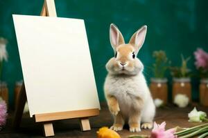 ai generiert glücklich Ostern Konzept ein süß Hase posiert mit ein leer Whiteboard foto