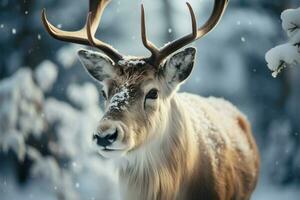 ai generiert Winter Wunder ein Wald Gastgeber Rentier, Erstellen ein malerisch Szene von saisonal Schönheit foto