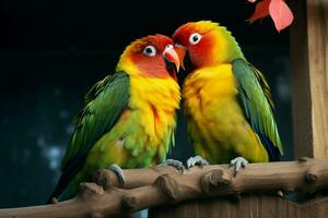 ai generiert Liebe Vögel Nahansicht offenbart beschwingt und schön Array von Farben foto