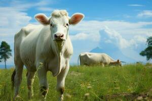 ai generiert Wiese Begegnung ein Weiß Kuh fesselt im das Grün Weite foto