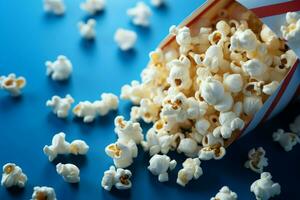 ai generiert Blau Ambiente Popcorn Kernel erstellen ein auffällig Szene auf Blau foto