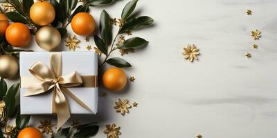 ai generiert Weihnachten Dekoration Komposition auf Licht Hintergrund mit schön golden Geschenk Box mit rot Band foto