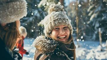 ai generiert Teenager Mädchen spielen Schneebälle im das Winter Wald, schließen hoch. Spaß, Winter, Winter Feiertage, Urlaube. fotorealistisch, Hintergrund mit Bokeh Wirkung. ai generiert. foto