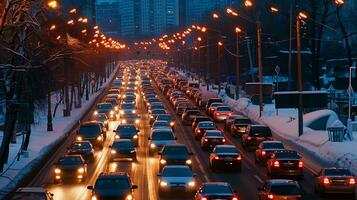 ai generiert der Verkehr Marmeladen auf das Straße im Winter, Winter Feiertage. fotorealistisch, Hintergrund mit Bokeh Wirkung. ai generiert. foto