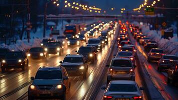 ai generiert der Verkehr Marmeladen auf das Straße im Winter, Winter Feiertage. fotorealistisch, Hintergrund mit Bokeh Wirkung. ai generiert. foto