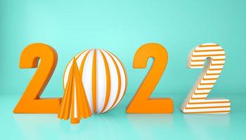 Frohes neues Jahr 2022. 3D-Zahlen mit geometrischen Formen und Weihnachtskugel. 3D-Rendering