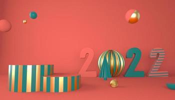 Frohes neues Jahr 2022. 3D-Zahlen mit geometrischen Formen und Weihnachtskugel. 3D-Rendering foto