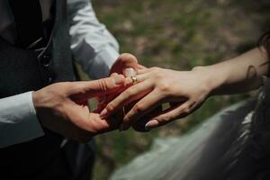 stilvoll jung Bräute, glücklich auf ihr Tag, genießen jeder andere. das Bräutigam setzt auf das Braut Hochzeit Ring. Nahansicht Foto. Frühling Hochzeit. foto