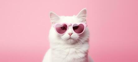 ai generiert Weiß Katze im Rosa Herz geformt Brille auf Rosa Hintergrund mit Platz zum text.valentines Tag, Jahrestag, 8 März foto