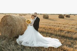 Hochzeit Porträt von das Braut und Bräutigam. das Bräutigam Umarmungen das Braut von hinter, Nächster zu ein Ballen von Heu. rothaarig Braut im ein lange Kleid mit ein Strauß von Sonnenblumen. stilvoll Bräutigam. Sommer- foto