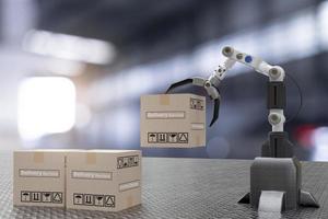 Handroboter Cyber Zukunft futuristisch Humanoid Hold Box Produkttechnologie 3D-Rendering Geräteprüfung für die Industrie Inspektion Inspektor Transport Wartung Roboter Service-Technologie High-Tech-Industrie