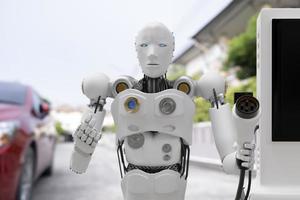 Roboter Cyber Zukunft futuristisch humanoide Hi-Tech-Industrie Garage E-Auto-Ladegerät aufladen Elektrostation aufladen Fahrzeugtransport Transport zukünftige Autokunden für den Transport Automobil Automobil foto