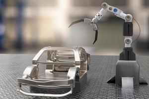 Autoproduktions-Verarbeitungsservice in Fabrikroboter Hi-Tech-Roboter-AI-Steuerarm-Handroboter künstlich für Autotechnik-Garagenhändler mit Tech-Hand Cyborg Engineering Automotive 3D-Rendering