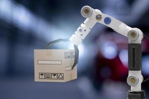Roboter Cyber Zukunft futuristisch humanoid halten Box Produkttechnologie Engineering Geräteprüfung, für Industrie Inspektion Inspektor Transport Wartung Roboter Service Technologie 3D-Rendering foto