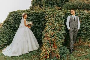Braut und Bräutigam im das Garten unter Grün. königlich Hochzeit Konzept. schick Braut Kleid mit ein lange Zug. Zärtlichkeit und Ruhe. Porträt Fotografie foto