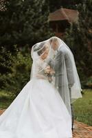 Bräutigam und Braut im das Park. Herbst Hochzeit im das Wald. glücklich Hochzeit, liebend Paar zärtlich berührt unter das Schleier. stilvoll und schöne. Prinzessin Kleid mit ein lange Zug. foto