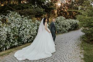 glücklich jung Paar, Braut mit lange lockig Haar im Weiß Kleid mit lange Zug in der Nähe von Schloss im schön Blumen. schön Mädchen im das Park. schön Sonnenlicht. Hochzeit Foto schießen