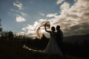 glücklich Hochzeit Paar posieren Über ein schön Berg Landschaft. Hochzeit Schleier im das Luft foto