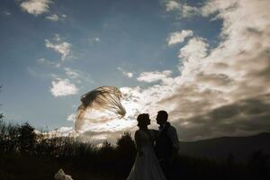 glücklich Hochzeit Paar posieren Über ein schön Berg Landschaft. Hochzeit Schleier im das Luft foto