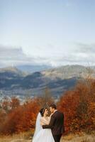 liebend Paar im das Berge. Hochzeiten im das Berge. zurück Aussicht von das frisch verheiratet Paar Stehen auf das Berge und genießen das Landschaft. foto