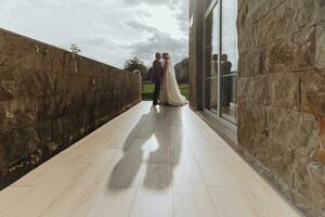 stilvoll jung Bräute, glücklich auf ihr Tag, genießen jeder andere. Sie sind Gehen im das Frühling Park. ein schön Schatten im das Hintergrundbeleuchtung. Frühling Hochzeit. natürlich bilden foto