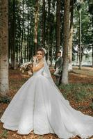 ein schön jung Frau im ein Hochzeit Kleid zwischen hoch Bäume im das Wald mit ein königlich Frisur und ein schick Tiara mit ein Strauß von Blumen im ihr Hände, ein Hochzeit im golden Farbe foto