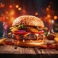 ai generiert Burger Party, hungrig Hamburger auf hölzern Tabelle im Hintergrund ai generiert foto