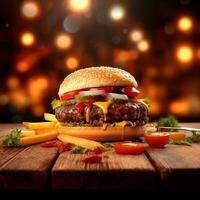 ai generiert Burger Party, hungrig Hamburger auf hölzern Tabelle im Hintergrund ai generiert foto
