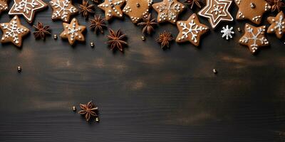 ai generiert eben legen, Weihnachten Komposition mit Lebkuchen Kekse auf ein dunkel Hintergrund mit Raum zum Text. Winter, Neu Jahr, Ferien foto