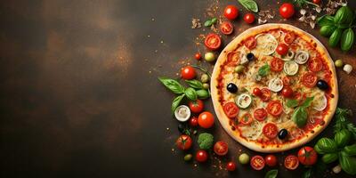 ai generiert eben legen mit Pizza. köstlich Pizza mit Gemüse und Wurst, oben Sicht, mit Raum zum Text foto