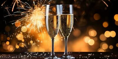 ai generiert Brille von Champagner gegen das Hintergrund von festlich Feuerwerk und Gold funkelt. festlich Hintergrund zum Weihnachten, Neu Jahr. ai generiert foto