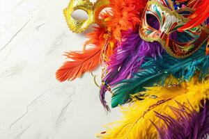 ai generiert Karneval gras Karneval bunt Gefieder und Masken im ein festlich Feier kulturell Extravaganz, aufwendig Erstellen ein freudig, festlich traditionell bringen Leben zu ein Feier, Weiß Hintergrund foto