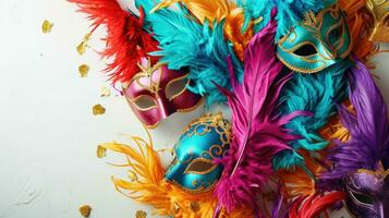 ai generiert Karneval gras Karneval bunt Gefieder und Masken im ein festlich Feier kulturell Extravaganz, aufwendig Erstellen ein freudig, festlich traditionell bringen Leben zu ein Feier, Weiß Hintergrund foto